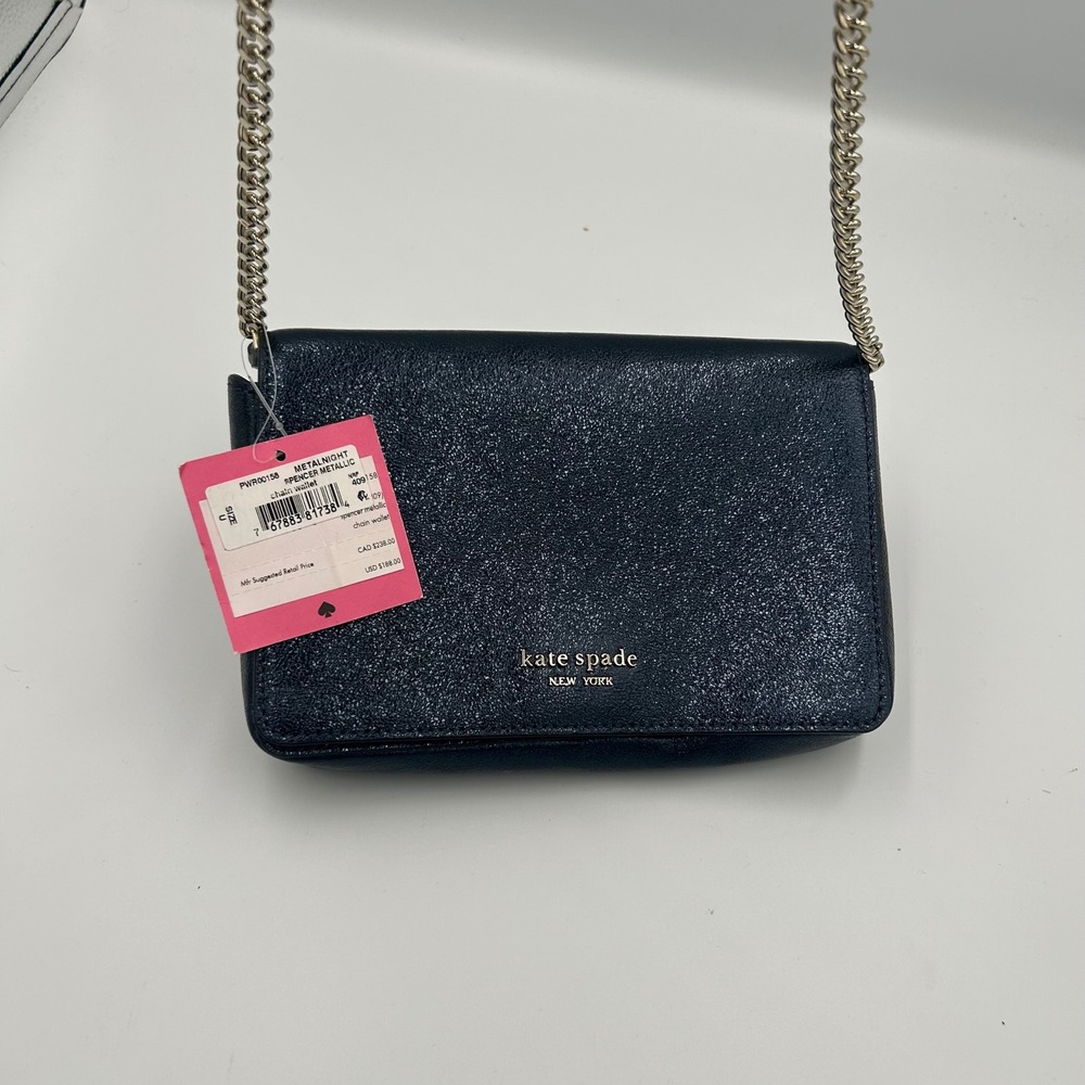 NWT Kate Spade Spencer Metallic Chain Wallet Metalnight Navy Blue PWR00158
